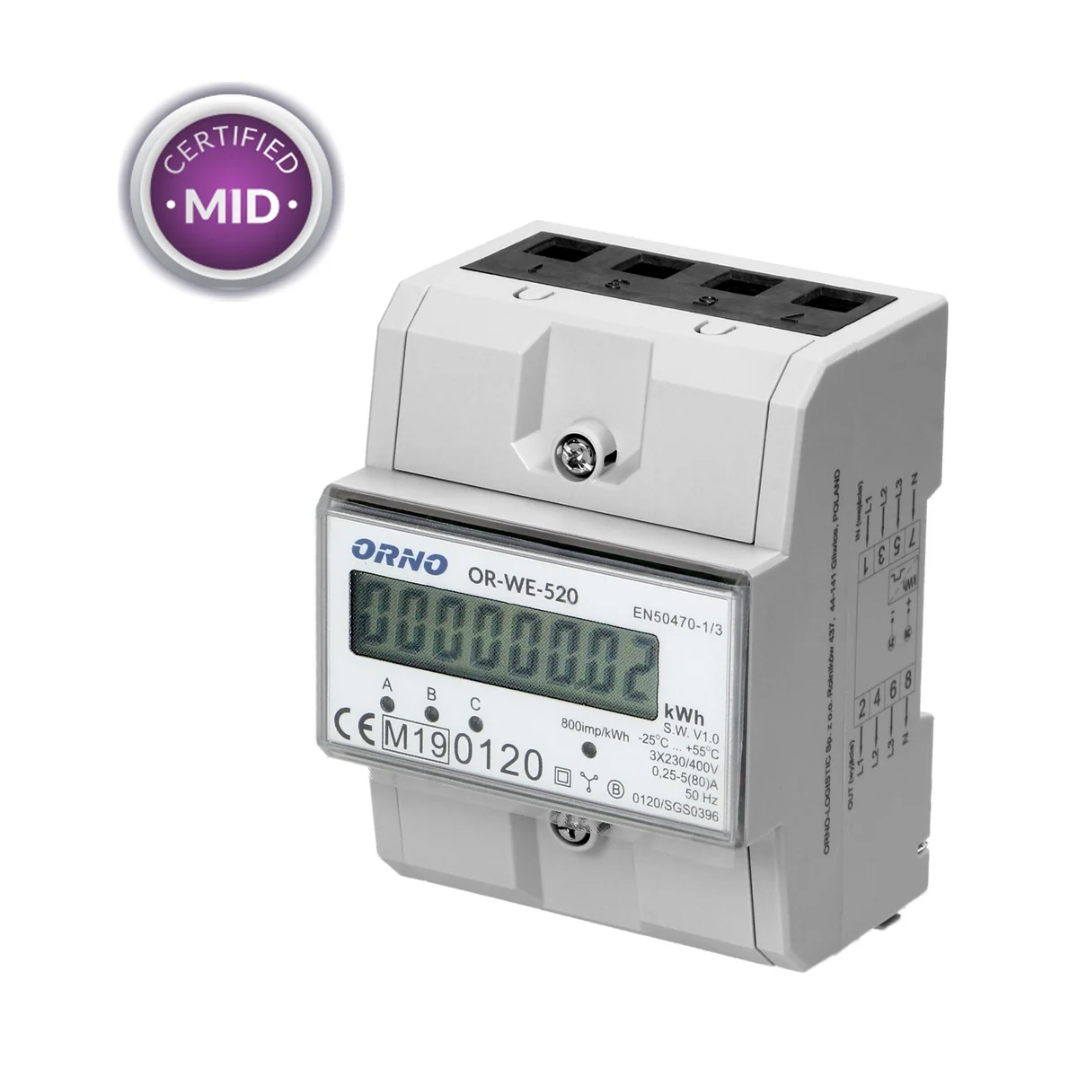 3-fazowy licznik energii elektrycznej, 80A, MID, 3 moduły, DIN TH-35mm OR-WE-520