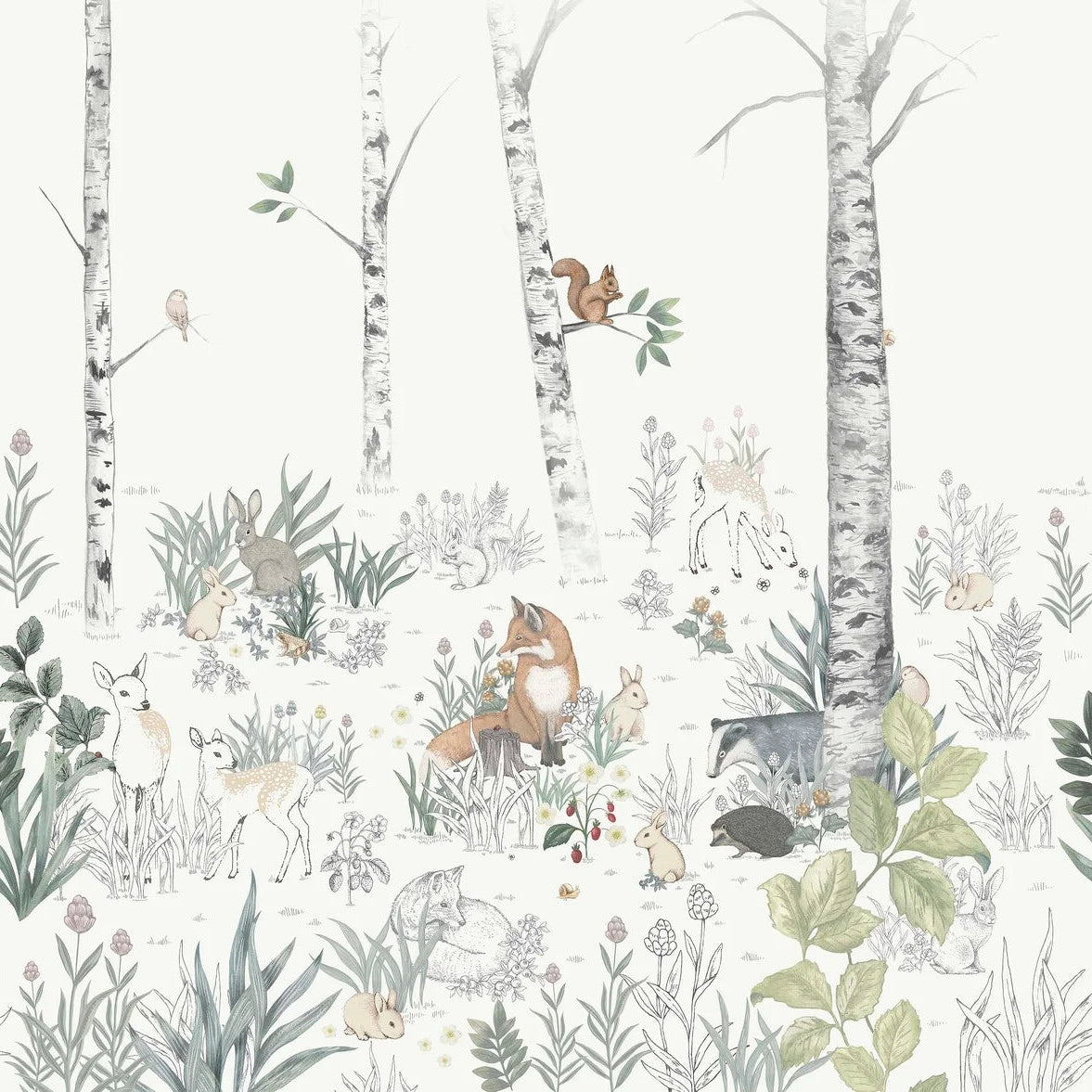 Mural dziecięcy z krajobrazem lasu MAGIC FOREST ciepły biały