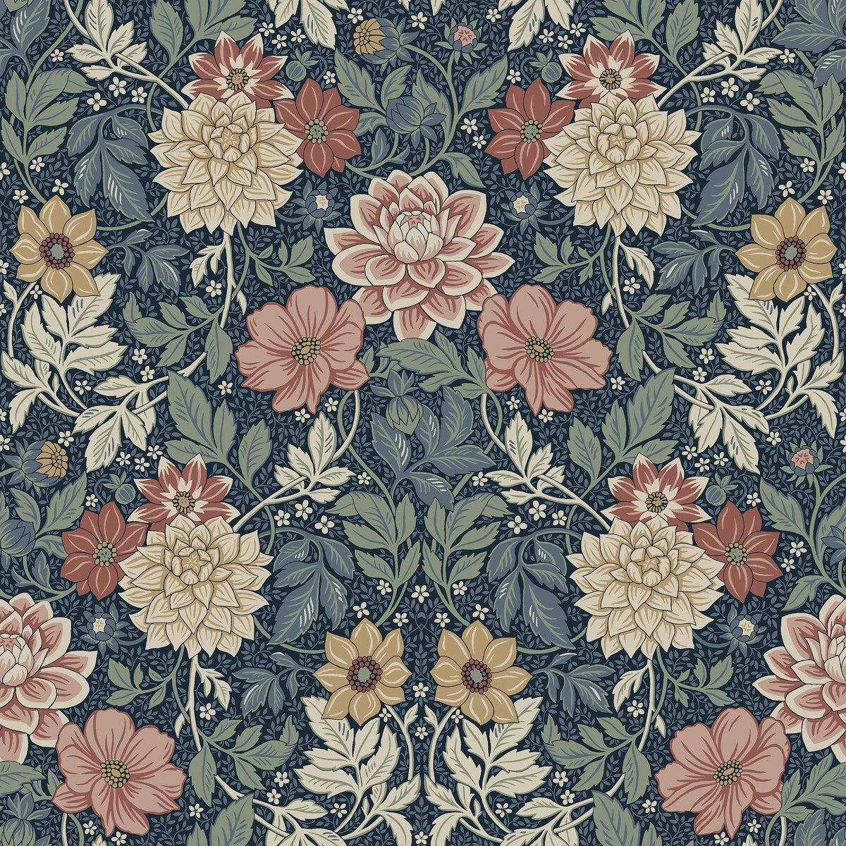 Tapeta flizelinowa papierowa z roślinnym wzorem DAHLIA GARDEN ciemny niebieski z beżowym i różowym