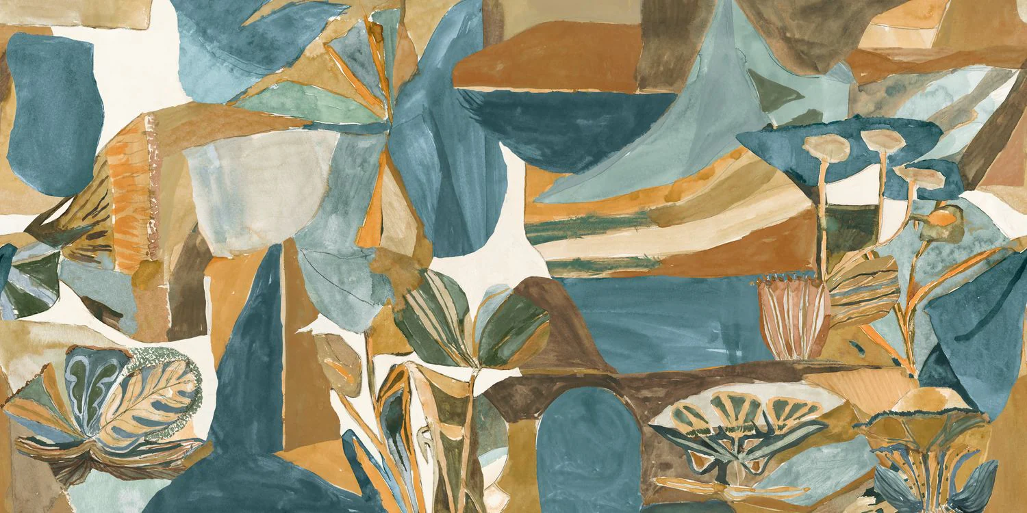 Mural tekstylny abstrakcyjny z motywem roślinnym JARDIN DANSÉ – BLEU PERSAN AMBRE niebieski ze złotym