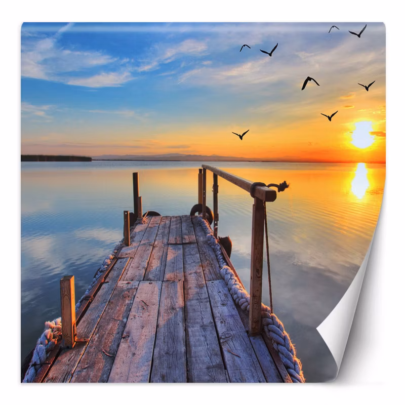 Fototapeta Feeby Zachód słońca nad jeziorem i lecące ptaki 150×150 1 szt