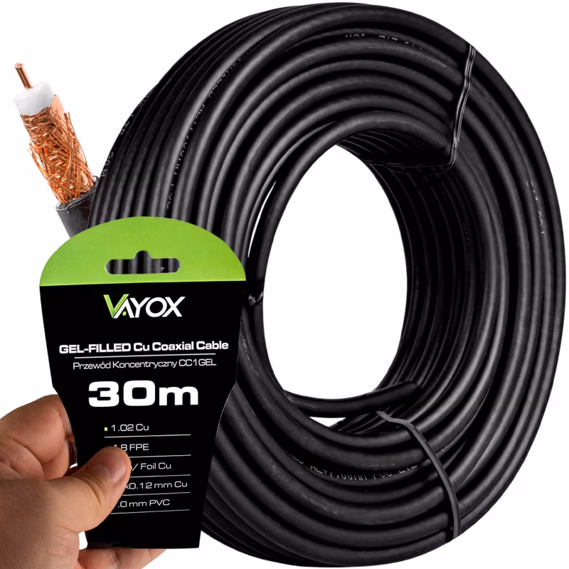 Kabel koncentryczny Vayox CC1-30GEL antenowy żelowany Cu 75 Ohm czarny 30m 1 szt.