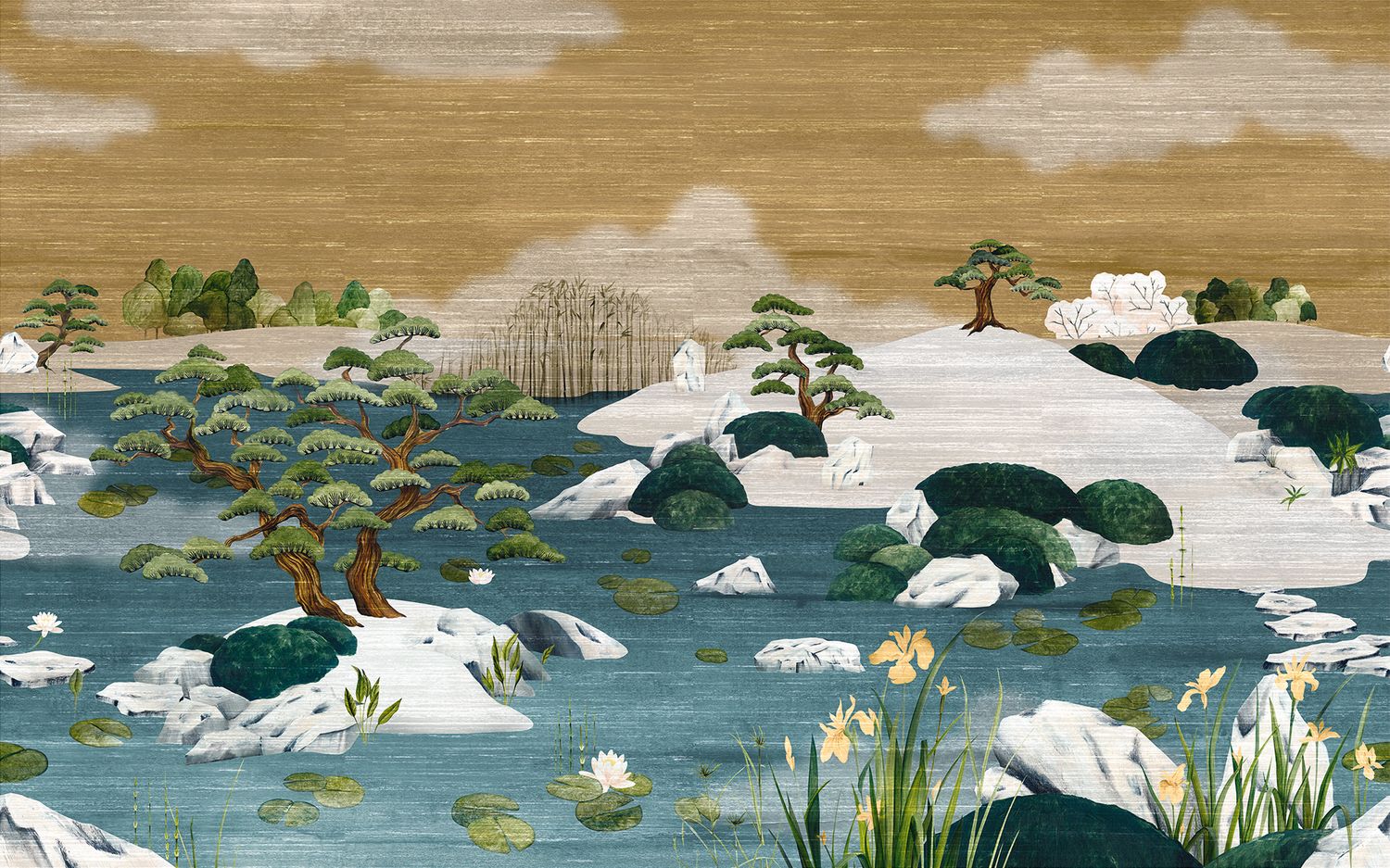 Mural tekstylny z japońskim krajobrazem ADACHI – MORDORÉ MARINE niebieski z brązem