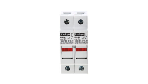 PODSTAWA BEZPIECZNIKOWA 2-POLOWA DO WKŁADEK 10×38 1000V DC MAX. 32A Z KONTROLKĄ