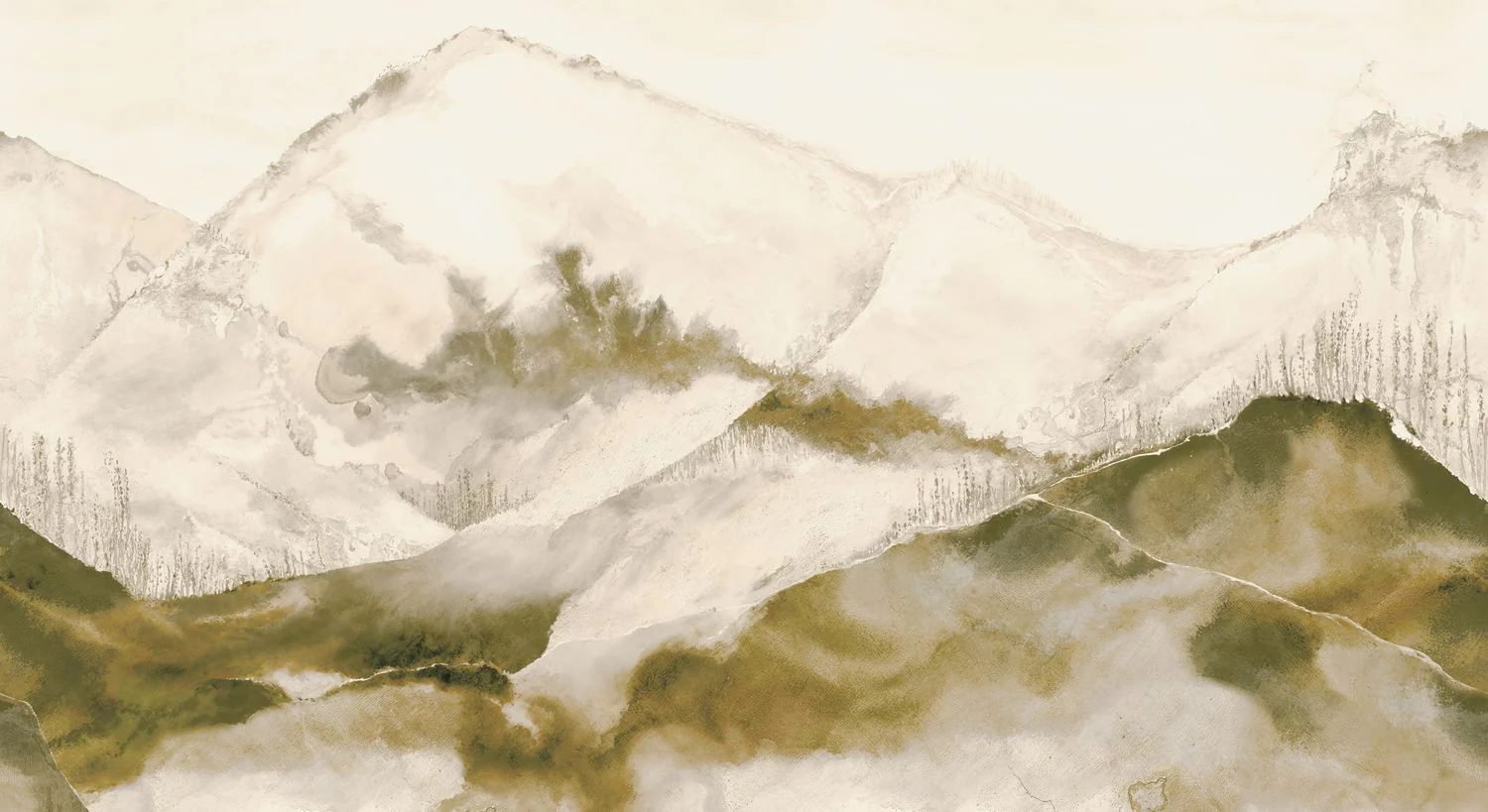 Mural z abaki z górskim motywem HORIZON – SABLE BEIGE DORÉ beżowy ze złotym