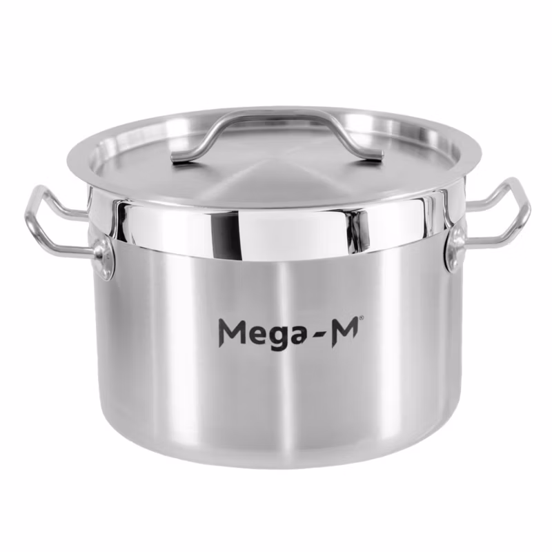 Garnek gastronomiczny niski ze stali nierdzewnej AISI 443 Mega-M PRO z pokrywką 8l 28×13 cm 1szt.