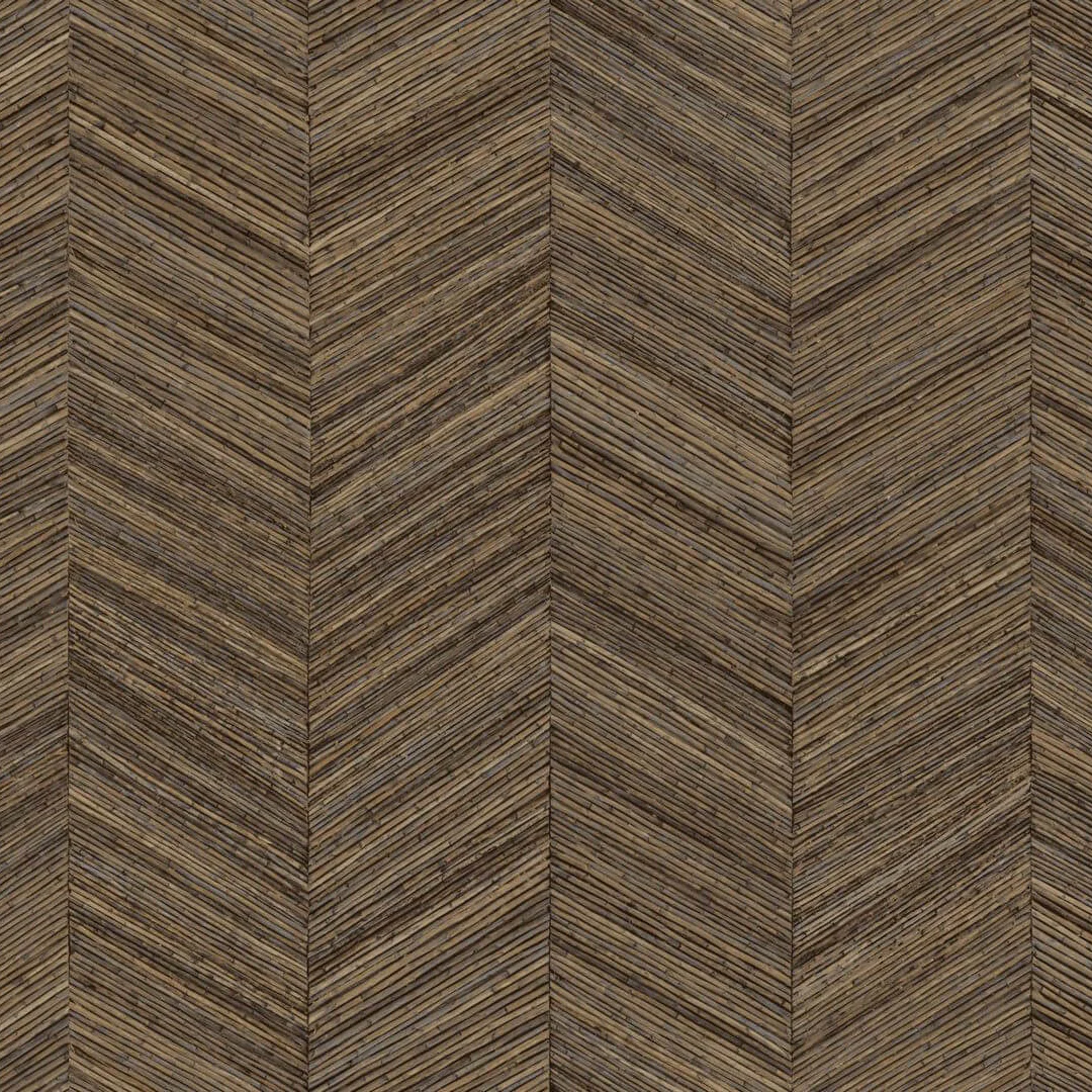 Tapeta strukturalna geometryczna imitująca drewno ze wzorem jodełki OCOTEA – SEPIA ciepły brązowy