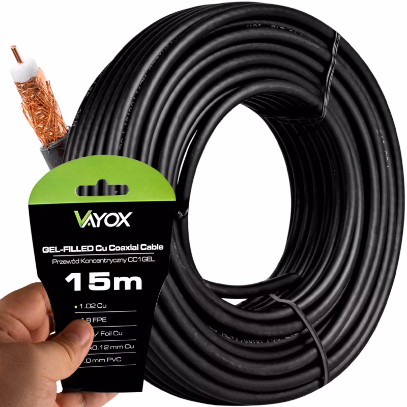 Kabel koncentryczny Vayox CC1-15GEL antenowy żelowany Cu 75 Ohm czarny 15m 1 szt.