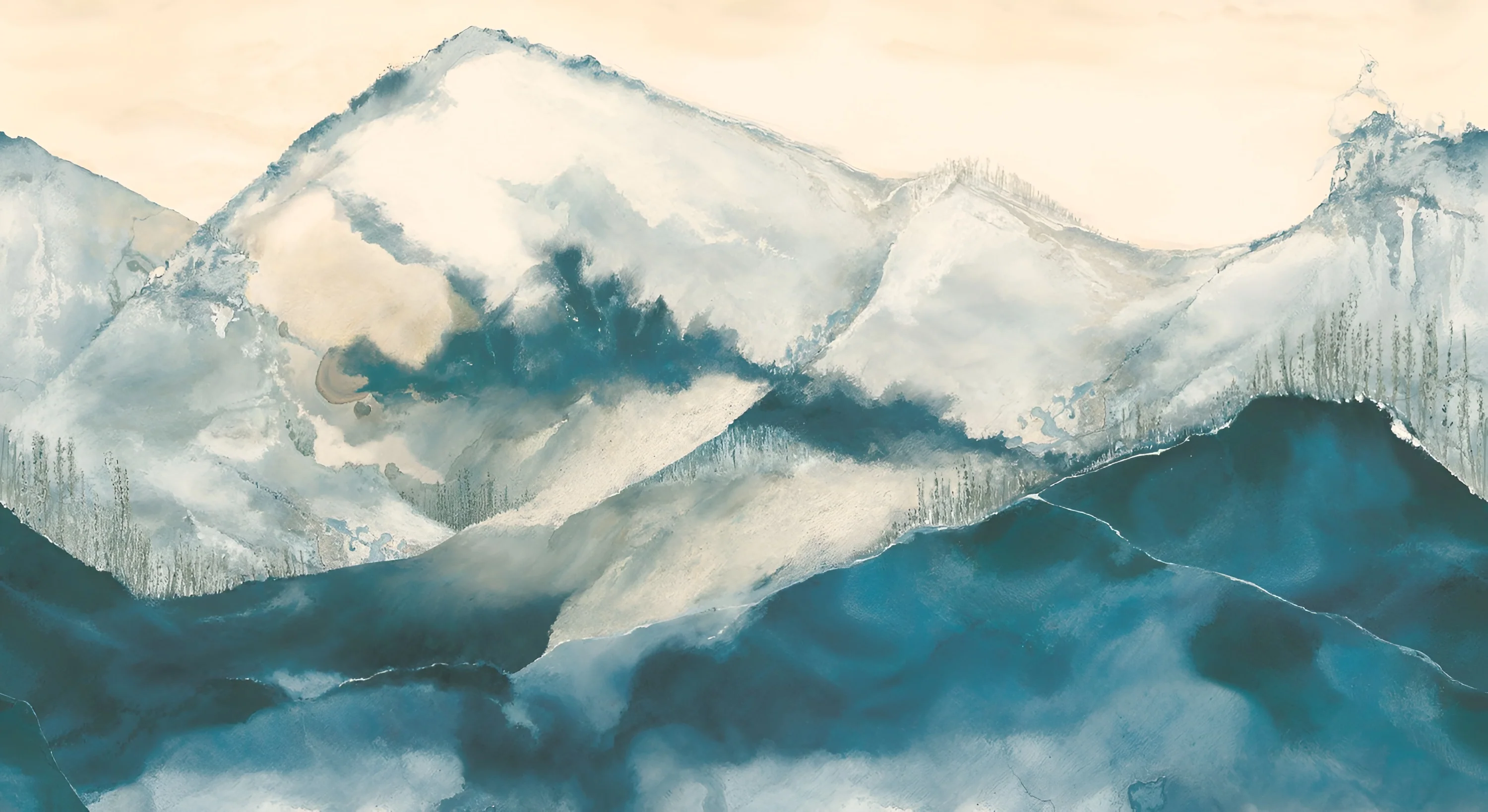 Mural z abaki z górskim motywem HORIZON – BLEU BEIGE DORÉ niebieski z beżem